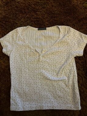 Brandy Melville White Ribbed Floral Henley Tee with Tiny Pink Flowers